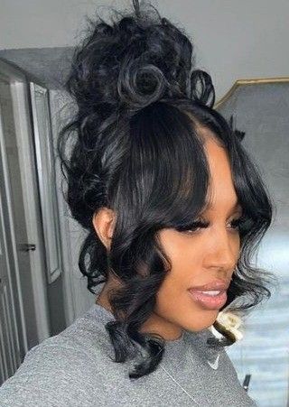 Messy Pin Up Hairstyles For Black Women, High Messy Bun With Bangs, Bridesmaid Hairstyles Updo Black Women, Curly Messy Bun Black Women, Bun With Curls Hanging Down, Curled Updo Hairstyles, Loose Curls Updo, Senior Brunch, Black Women Updo Hairstyles