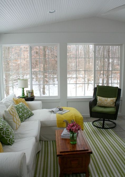 The View from My Sunroom on a Snowy Day | Hooked on Houses | Bloglovin’ Farmhouse Sunroom, Cozy Sunroom, Small Sunroom, Four Seasons Room, Sunroom Furniture, Sunroom Addition, Three Season Room, Sunroom Decorating, Sunroom Designs