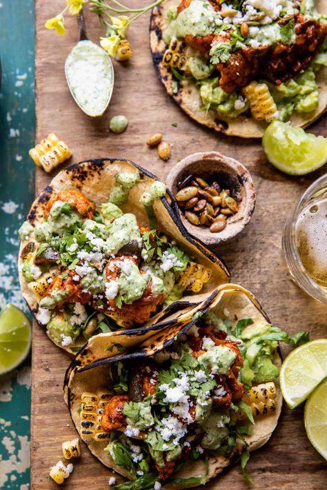 Chipotle Cauliflower Tacos with Creamy Jalapeño Verde | halfbakedharvest.com Chipotle Cauliflower, Cilantro Garlic Sauce, Half Baked Harvest Recipes, Creamy Jalapeno, Verde Sauce, Spicy Cauliflower, Cauliflower Tacos, Sliced Bread, Harvest Recipes