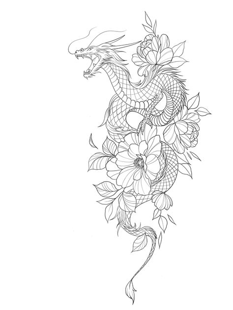 Dragon Tattoo With Flowers, Dragon Tattoo Outline, Dragon Tattoo Stencil, Dragon Tattoo Art, Chinese Dragon Tattoos, Dragon Tattoo For Women, Dragon Tattoo Designs, Tattoo Design Book, Tattoo Outline