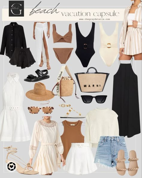 Minimal Beach Vacation Outfits, Earth Tone Vacation Outfit, Neutral Summer Vacation Outfits, Beach Vacation Outfits Capsule, Summer Holiday Outfits Beach Vacation Style Capsule Wardrobe, Neutral Cruise Outfits, Summer Trip Outfits Beach Vacations, Neutral Beach Vacation Outfits, Neutral Holiday Outfits Summer