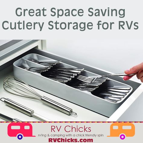 Save a ton of space using this new style cutlery storage rather than the traditional one that takes up a ton of space. My RV kitchen space is at a premium, and this frees up a ton of space. Rv Silverware Storage Ideas, Small Apartment Storage, A Lot Of Food, Silverware Organization, Apartment Storage, Disposable Cutlery, Rv Kitchen, Dish Storage, Cutlery Storage