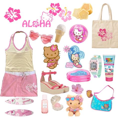 Hawaii Core Outfits, Summer Barbie Aesthetic, Beach Gyaru Outfits, Key West Kitten Outfits, Tropical Core Outfit, Hibiscus Outfit, Gyaru Fashion Summer, Tropical Y2k, Key West Kitten