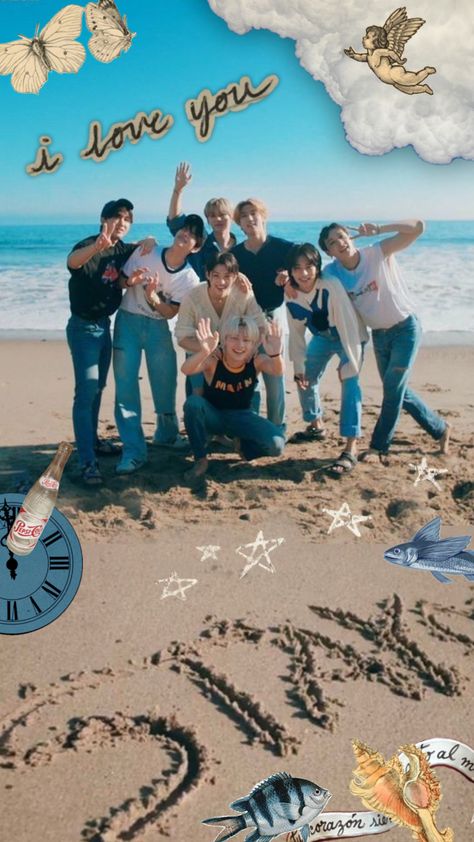 Stray Kids Time Out Collage Wallpaper #straykids #beach #beachaesthetic #summer #kpop #blue #offwhite Straykids Beach, Stray Kids Blue Wallpaper, Island Wallpaper, Collage Wallpaper, Jeju Island, Skz In Cute, Kpop Entertainment, Group Photos, Kids Wallpaper