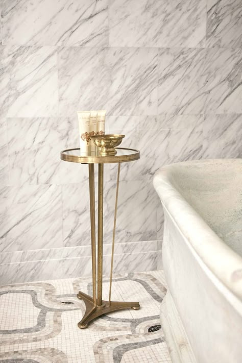 Arabesque Tiles, Greenwich Hotel, Pedestal Tub, Mosaic Floor Tile, Contemporary Side Tables, Mosaic Flooring, Furniture Side Tables, Marble Bathroom, Powder Rooms