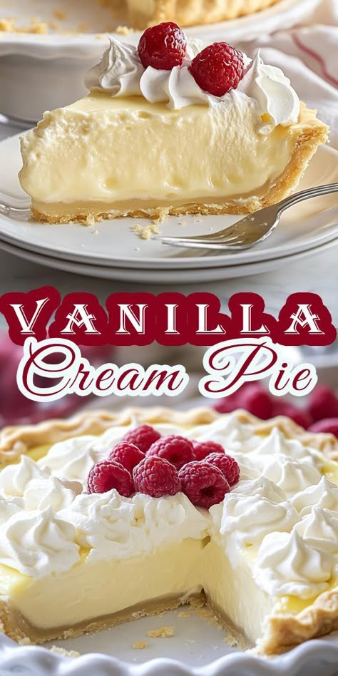 Indulge in the classic sweetness of a Vanilla Cream Pie! 🥧✨ Silky, creamy, and perfectly balanced, this pie is a showstopper for any occasion. Try this foolproof recipe today! 🍦💖 #VanillaCreamPie #DessertRecipes #BakingInspiration Pies With Vanilla Pudding, Vanilla Cream Pie Filling, Vanilla Pie Filling Homemade, Fruit And Cream Pie, Texas Cream Pie, Old Fashion Cream Pie, Vanilla Cream Pie Recipes, Pies Made With Cool Whip, Best Cream Pie Recipes