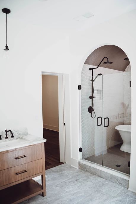 Master Bath Entrance, Fireplace Master Bath, Arched Shower Doors, Tile Shower With Arch, Arched Shower Door, Walk In Shower With Arched Entry, Arched Shower Door Opening, Shower With Arch Entry, Galley Master Bath