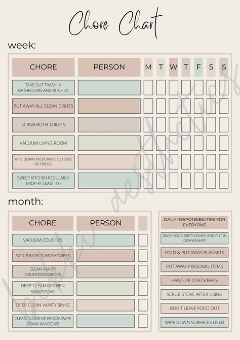 Chore chart for roommates, family, kids, etc. Great way to keep your apartment or home organized and easily delegate responsibilities! #Cleaning #Home #Creating #The #Creating #Ultimate #Tidy #a #Schedule #Ultimate #Guide #Inspo #Trends #to #a #Inspiration #for #Cleaning Chore Chart For Roommates, Roommate Chore Chart, Chore Calendar, Teen Chore Chart, Chore Organization, Chore Schedule, Cleaning Chart, Chore Board, Chore Checklist