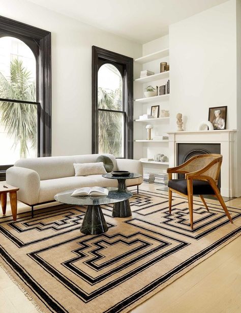 Senna Black + Neutral Wool Geometric Area Rug Black Cane Living Room, Complimentary Color Living Room, One Accent Chair Living Room, Green Marble Coffee Table Living Room, Black And Wicker Living Room, Green Accent Living Room, Living Area Design Interiors, Art Over Sofa, Bright Lounge