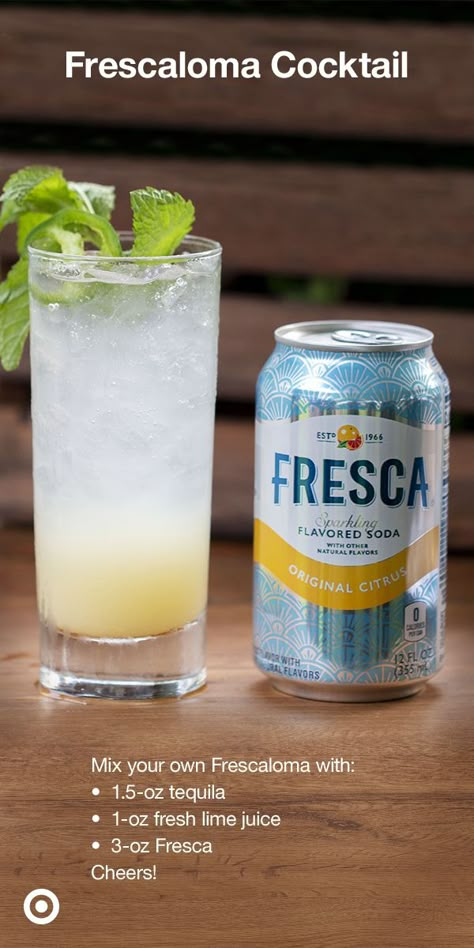 Mix your own Frescaloma with just 3 ingredients. In a glass, combine 1.5-oz tequila, 1-oz fresh lime and 3-oz Fresca. Stir well. Cheers! Tulle Blouse, Keto Cocktails, Boozy Drinks, Keto Drink, Mixed Drinks Recipes, Cocktail Drinks Recipes, Regular Fit Jeans, Margarita Recipes, Alcohol Drink Recipes