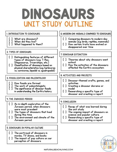 Free Dinosaur Unit Study - Themed Lesson Plans and Activities - Natural Beach Living Dinosaur Unit Study First Grade, Dinosaur Unit Study Kindergarten, Dinosaur Activities 2nd Grade, Unit Studies For Kindergarten, Dinosaur Educational Activities, Dinosaur Learning Activities, Dinosaur Exploration, Schoolers Activities, Dinosaur Homeschool