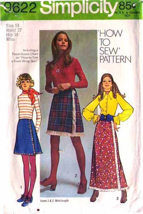 Early 70s Fashion, Vintage Skirt Pattern, Braid Fringe, Skirt With Ribbon, Wrap Skirt Pattern, 1970 Fashion, Susan Dey, Superstar Barbie, Beginner Sewing Patterns