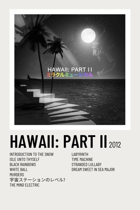 Minimalist music poster of Miracle Musical's "Hawaii: Part II" album. 10x15cm recommended. Hawaii Part Ii, Musical Wallpaper, Miracle Musical, Minimalist Music, Tally Hall, Eye Eye, Mental Hospital, Polaroid Poster, Im Lost