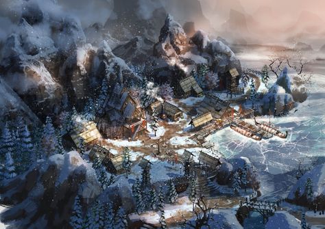 ArtStation - Viking Nordic Concept Village Topography Winter Background and Props Village Concept Art, For Honor Viking, Nordic Village, Viking Village, Fantasy Village, Fantasy Town, Winter Background, Fantasy City, Fantasy Places