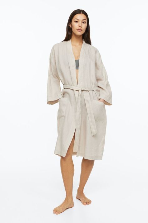 Washed linen dressing gown - Light beige - Home All | H&M GB Linen Dressing Gown, Linen Bathrobe, Popular Now, Dressing Gown, Tie Belt, Trending Now, Light Beige, Fashion Company, World Of Fashion