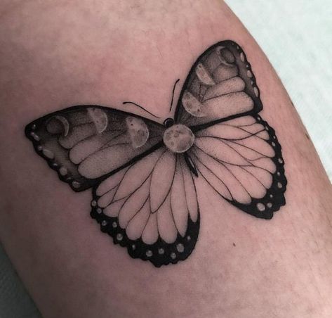 Moon Phase Butterfly Tattoo, Butterfly Moon Phases Tattoo, Space Butterfly Tattoo, Moon Butterfly Tattoo, Butterfly Moon Tattoo, Moon Phases Tattoo Designs, Moon And Butterfly, Mens Butterfly Tattoo, Monarch Butterfly Tattoo