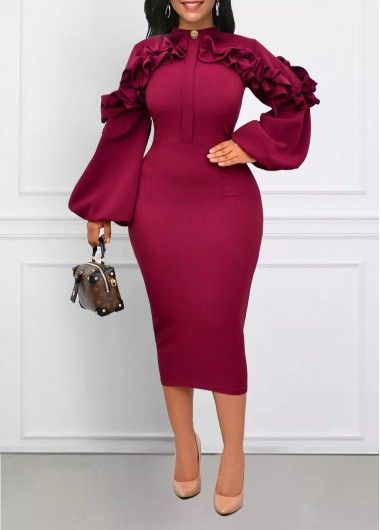 Frill Stand Collar Wine Red Bodycon Dress Burgundy Dress Outfit, Latest Dress For Women, Corporate Dress, Chic Dress Classy, Wine Dress, Red Bodycon, Red Bodycon Dress, Stylish Work Attire, Fashion Dresses Online