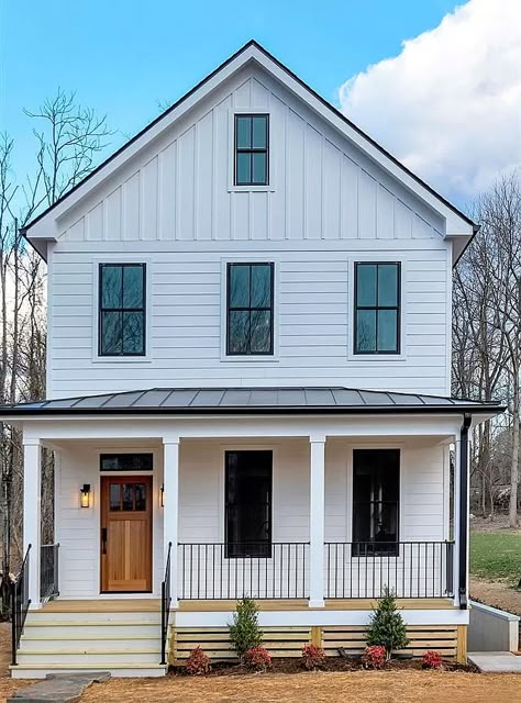 Front Porch Structure Ideas, Two Story Siding Ideas, 2 Story Small House Plans Simple, Two Story Mini House, Small Two Story House Design, Simple Farmhouse Exterior Two Story, 2 Story Mobile Home, Normal 2 Story House, Front Porch Addition