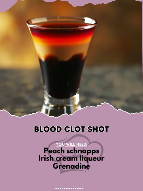 🩸 Get spooky with a Blood Clot Shot! 🩸 #BloodClotShot #HalloweenFun Blood Clot Shot Ingredients: Peach schnapps (1 oz) Irish cream liqueur (1/2 oz) Grenadine (a few drops) Instructions: Pour peach schnapps into a shot glass. Slowly add Irish cream liqueur. Drop in grenadine for a spooky effect. Try this creepy-cool shot and enjoy the thrill! 🩸🎃 #RecipeInspire #SpookyShots #PartyDrinks Halloween Shots Recipes, Science Cocktails, Spooky Alcoholic Drinks, Bartender Drinks Recipes, Halloween Shots, Fun Drinks Alcohol, Bartender Drinks, Cocktail Drinks Alcoholic, Cocktail Shots