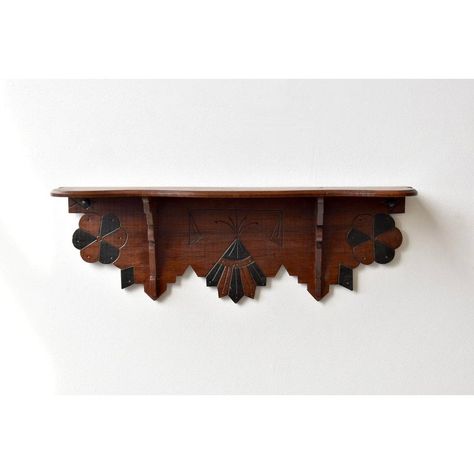 Antique Carved Wood Victorian Eastlake-Style Wall Shelf with Floral Detail, Circa 1880s. Incised detailing throughout in floral and fan motifs, accented with the application of black stain. Two detailed corbels support a singular shelf with undulating edge. This piece was possibly part of a larger unit at one time, or cut from the interiors of a period home. Unsigned.   Specs: 21 1/2” L | 7 1/4” H | 5 3/4” D Victorian Floating Shelves, Carved Wall Shelves, Caved In Wall Shelf, Ornate Shelf, Victorian Wall Shelf, Corbel Shelf, Victorian Wall, Old Furniture, Wall Mounted Shelves