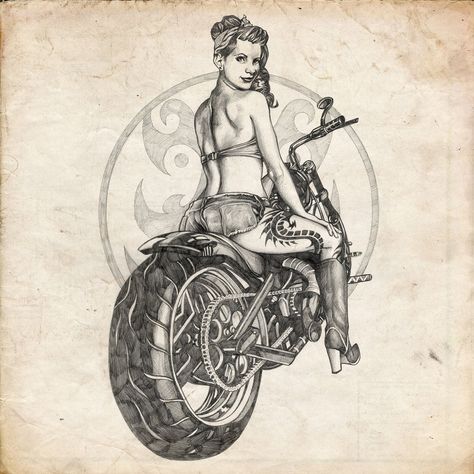 Art Moto, Motorcycle Tattoo, Pin Up Girl Tattoo, Pin Up Drawings, Motorcycle Artwork, Motorcycle Tattoos, Drawing Pin, Bike Tattoos, Motorcycle Drawing