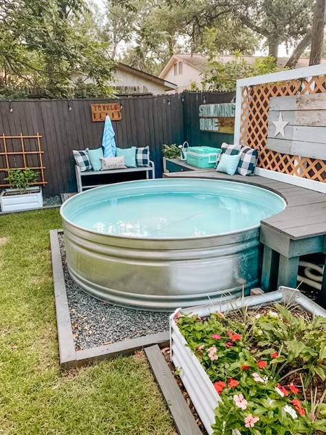 Metal Pools Backyard, Stocktank Pool Ideas, Cowboy Pools, Moroccan Patio, Stock Pool, Stock Tank Swimming Pool, Tank Swimming Pool, Cowboy Pool, Stock Pools