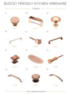 Copper Kitchen Hardware, Kitchen Hardware Knobs, Budget Friendly Kitchen, Temple Ideas, Copper Kitchen Accessories, Emily Henderson Design, Rose Gold Kitchen, Custom Backsplash, Copper Hardware