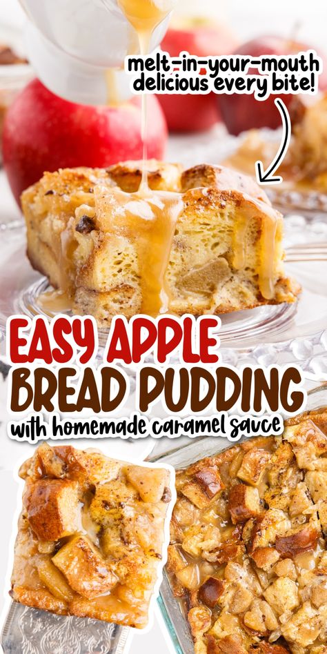 This easy apple bread pudding recipe only takes a few minutes to make and is filled with apple and caramel flavors. Each bite is warm, chewy, and melt in your mouth delicious. Apple Bread Pudding Easy, Dessert Casserole, Apple Bread Pudding Recipe, Cinnamon Bread Pudding, Apple Bread Pudding, Apple Pie Bread, Bread Pudding Easy, Caramel Apples Homemade, Apples And Cinnamon