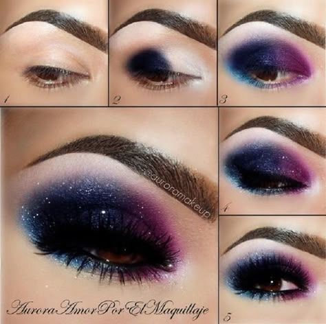 10 Smokey Eye Tutorials For The Summer Machiaj Smokey Eyes, Purple Eye Makeup Tutorial, Smokey Eyes Tutorial, Galaxy Makeup, Make Up Designs, Galaxy Eyes, Eyeliner Tips, Mens Halloween, Purple Eye Makeup