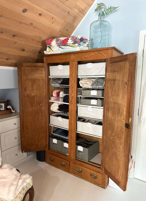 Turning an Antique Armoire into Clothing Storage Armoire Storage, Vintage Armoire, Folded Clothes, Clothes Drawer, Old Homes, Antique Armoire, Clothes Basket, Basket Shelves, Wire Shelving