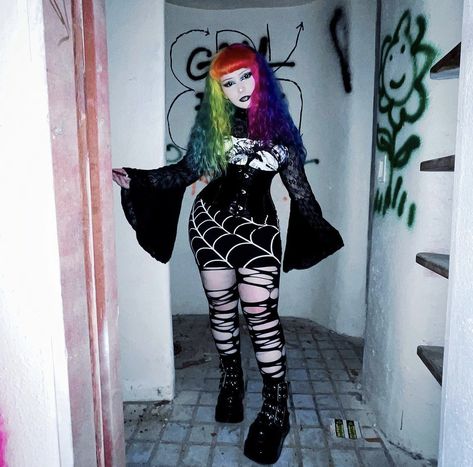 Rainbow Goth Outfit, Rainbow Punk Outfit, Goth Pride Outfit, Gothic Pride Outfit, Rainbow Goth Aesthetic, Rainbow Alt Outfits, Black Punk Stockings For Alternative Fashion, Rainbow Goth, Goth Rainbow