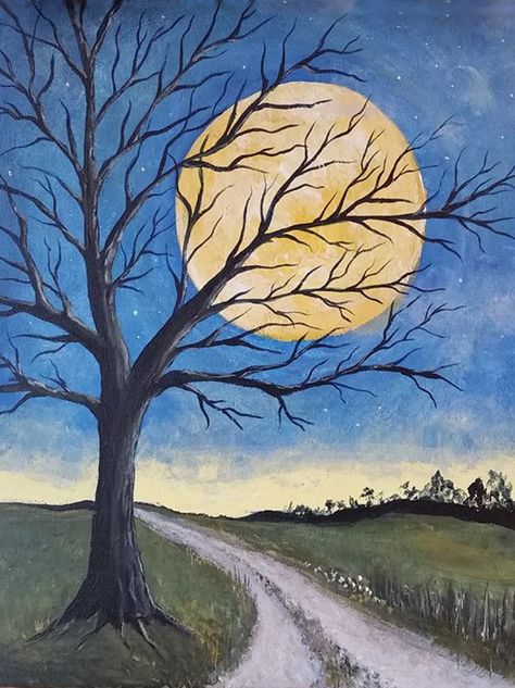 Basic Art Painting, Trees At Night Painting, Outside Painting, Basic Canvas Painting, Drawing Outside, Outside Drawings, Basic Painting Ideas, Sketch Art, Basic Painting