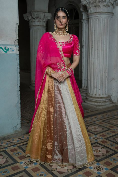 Shop for these amazing collections of Multi Color Gaji Silk Embroidered Zardozi Work Panelled Lehenga Set For Women by Sheela Suthar online at Aza Fashions. Multi Colored Lehenga, Tissue Lehenga Blouse Designs, Tissue Lehenga Designs, Tissue Fabric Lehenga, Tissue Silk Lehenga, Crochet Dupatta, Tissue Lehenga, Marodi Work, Lengha Blouse Designs