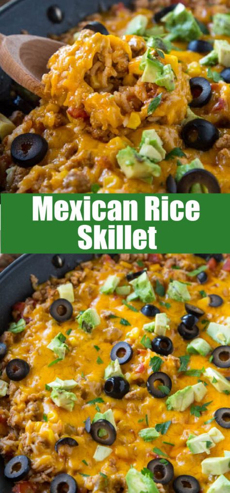 This Mexican rice skillet is a one pot meal you'll make again and again. Especially because you can make it in under 30 minutes! Mexican Rice Skillet, Mexican Parties, Mexican Cantina, Skillet Dinner Recipes, Mexican Rice Recipes, Rice Skillet, Moon Wolf, Rice Recipes For Dinner, One Skillet Meals