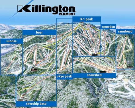 Killington, VT Vermont Skiing, Killington Vermont, Sunrise Mountain, Snowboarding Trip, Shingle Colors, Ski Trails, Trail Map, Resort Design, Mountain Trails