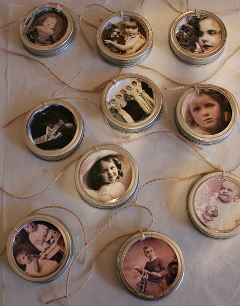 Homemade Vintage Jar Lid Ornaments Jar Lid Ornaments, Lid Ornaments, Mason Jar Lids Crafts, Jar Lid Crafts, Mason Jar Lids Ornaments, Bell Garland, Cozy Little House, Canning Jar Lids, Tiny Room