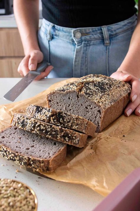 Buckwheat Bread (1 Ingredient, Gluten Free) | plantbaes Buckwheat Bread Gluten Free, Recipes Using Buckwheat Flour, Buckwheat Rolls, Buckwheat Sourdough Bread, Buckwheat Bread Recipe, Gluten Free Buckwheat Bread, Healthy Bread Alternatives, Buckwheat Flour Recipes, Fermented Bread