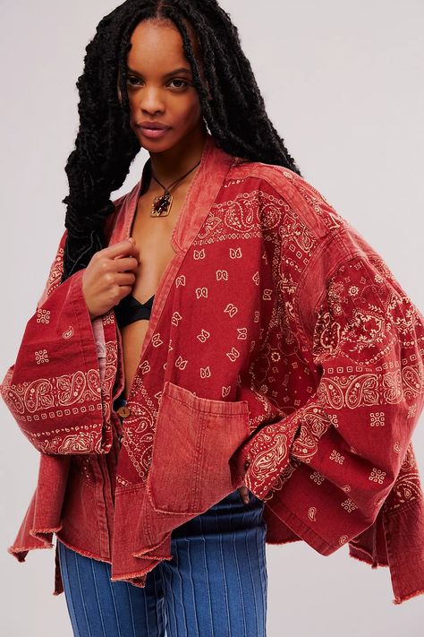 Bandana Dreams Kimono | Free People Free People Hooded Kimono, Silk Long Sleeve Kimono With Patchwork, Long Sleeve Cotton Patchwork Kimono, Luxury Long Sleeve Patchwork Kimono, Vintage Long Sleeve Patchwork Kimono, Dreams Beds, Boho Outfits, Free People, Clothes