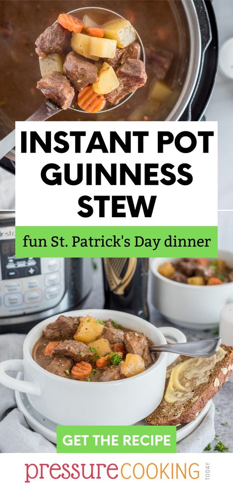 Pinterest image promoting Instant Pot Guinness Stew over two images: the top with a ladle full of stew and the bottom with the stew in a white bowl in front of an Instant Pot and a bottle of Guiness via @PressureCook2da Guinness Stew Recipe, Guinness Stew, Guinness Beef Stew, Irish Beef Stew, Pressure Cooking Today, Irish Stew, Carrots And Potatoes, Tender Beef, Delicious Vegetables