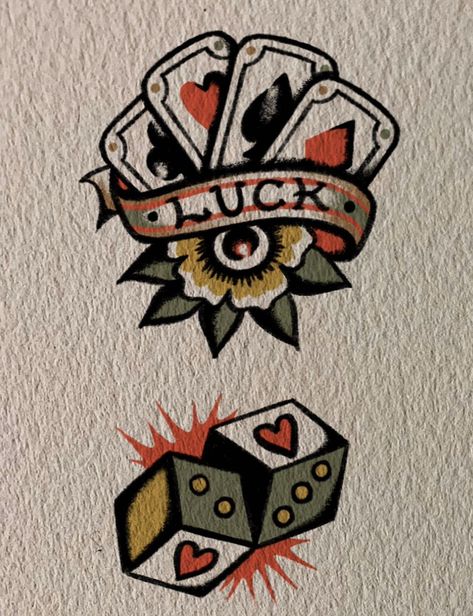 Gambling Machine Tattoo, Dice American Traditional Tattoo, Blackjack Tattoo Ideas, Good Luck Tattoo Traditional, Traditional 13 Tattoo, American Traditional Dice Tattoo, American Traditional Stamp Tattoo, Traditional Modern Tattoo, Traditional Tattoo Sheet