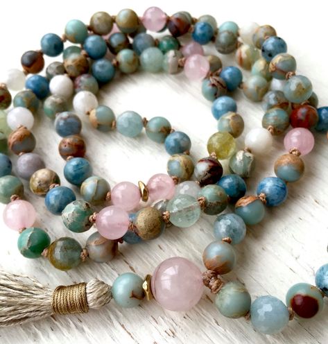 Mala Beads Diy, Planet Jewelry, Rose Quartz Mala, Mala Bead Necklace, 108 Mala Beads, Yoga Journal, Aquamarine Necklace, Rose Quartz Necklace, Rose Quartz Beads