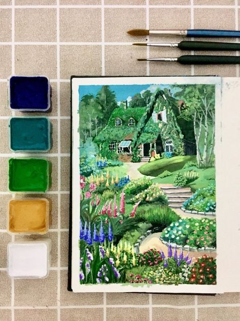 Studio Ghibli House, Himi Gouache Art, Studio Ghibli Painting, Ghibli House, Ghibli Painting, Himi Gouache, My First Youtube Video, First Youtube Video, Paint With Me