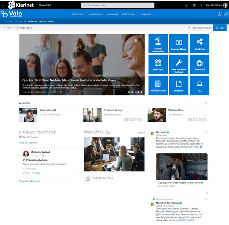 3 Great Examples of SharePoint Intranet Homepages to Inspire You - Klarinet Solutions®, LLC Sharepoint Online Design Ideas, Sharepoint Intranet Design Inspiration, Intranet Design Inspiration, Intranet Layout, Sharepoint Design Ideas, Sharepoint Design, Sharepoint Intranet, Newsletter Layout, Powerpoint Animation