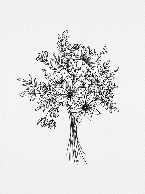 Bouquet Drawing, Flower Bouquet Drawing, Flower Bouquet Tattoo, Wildflower Drawing, Modern Florals, Flower Boquet, Drawing Floral, Bouquet Art, Wildflower Tattoo