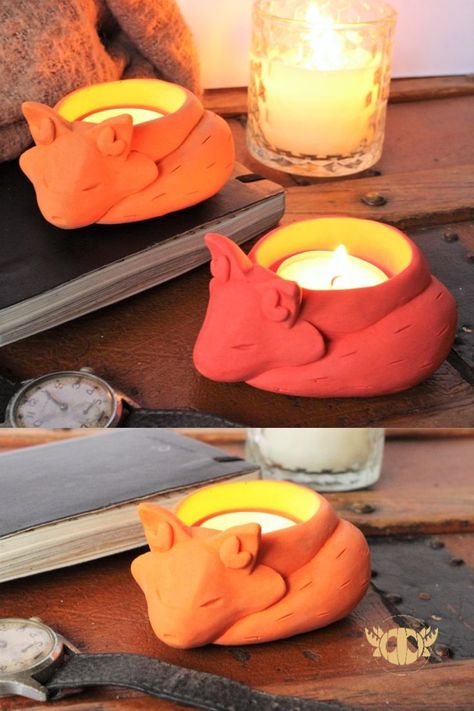 Fox Candle, Clay Fox, Clay Candle Holders, Fire Candle, Clay Candle, Fox Gift, Diy Candle Holders, Cute Candles, Diy Holder