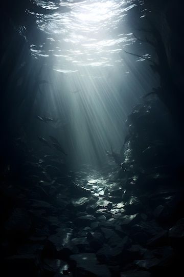 Premium Photo | Underwater Mystery in the Ocean Depths Under The Ocean Aesthetic, Underwater Scary, Deep Sea Aesthetic Dark, Deep Water Aesthetic, Dark Water Aesthetic, Creepy Ocean, Dark Ocean Aesthetic, Dark Underwater, Ocean Aesthetics