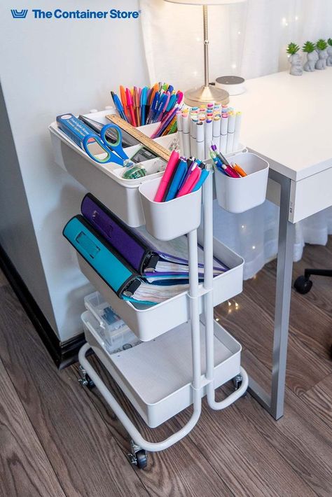 "This 3-tiered cart from The Container Store makes a perfect homework station," says Cassandra Aarssen. "It holds everything she needs and is portable, so she can use it in her bedroom, the kitchen or anywhere else she is doing her homework!" Create your own customized homework cart at The Container Store! @ClutterBug_Me Homework Cart, Rolling Carts, School Storage, Homework Station, Rolling Cart, The Container Store, Shop Organization, Storage Cart, Organization Kids