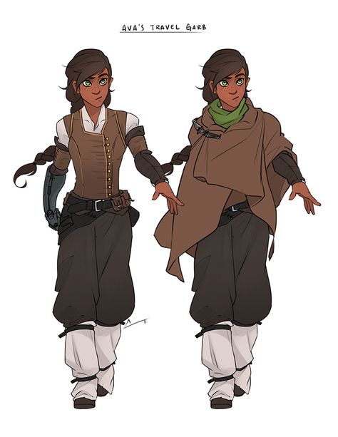 Bounty Hunter Outfit Design, Travelers Outfit Dnd, Traveler Drawing Character, Wandering Traveler Character, Character Design Traveler, Traveler Oc Design, Village Clothes Drawing, Tan Female Character Design, Fantasy Forest Clothing