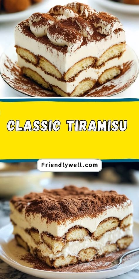 Attention coffee lovers! ☕✨ This Easy Classic Tiramisu Recipe combines the bold flavor of espresso with creamy mascarpone and fluffy ladyfingers. A no-bake dessert that’s perfect for impressing guests or treating yourself🍰✨ #TiramisuLove #CoffeeDesserts #NoBakeRecipes Tiramisu Recipes Easy, Tiramisu With Ladyfingers, Tiramisu Frosting Recipe, Small Tiramisu Recipe, Tarimisu Recipe Easy, Best Tiramisu Recipe Italian, Easy Italian Dessert Recipes, Terimisu Cake, Ladyfingers Recipe Desserts