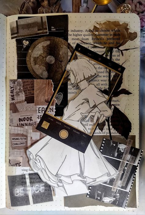 Scrapbook Outside Cover, Diy Scrapbook Ideas Creativity Design, Sketch Collage Drawings, Alt Scrapbook Ideas, Design Diary Ideas, Creative Art Journal Pages, Collage Art Sketchbook, Black Pages Journal, Grunge Journal Pages